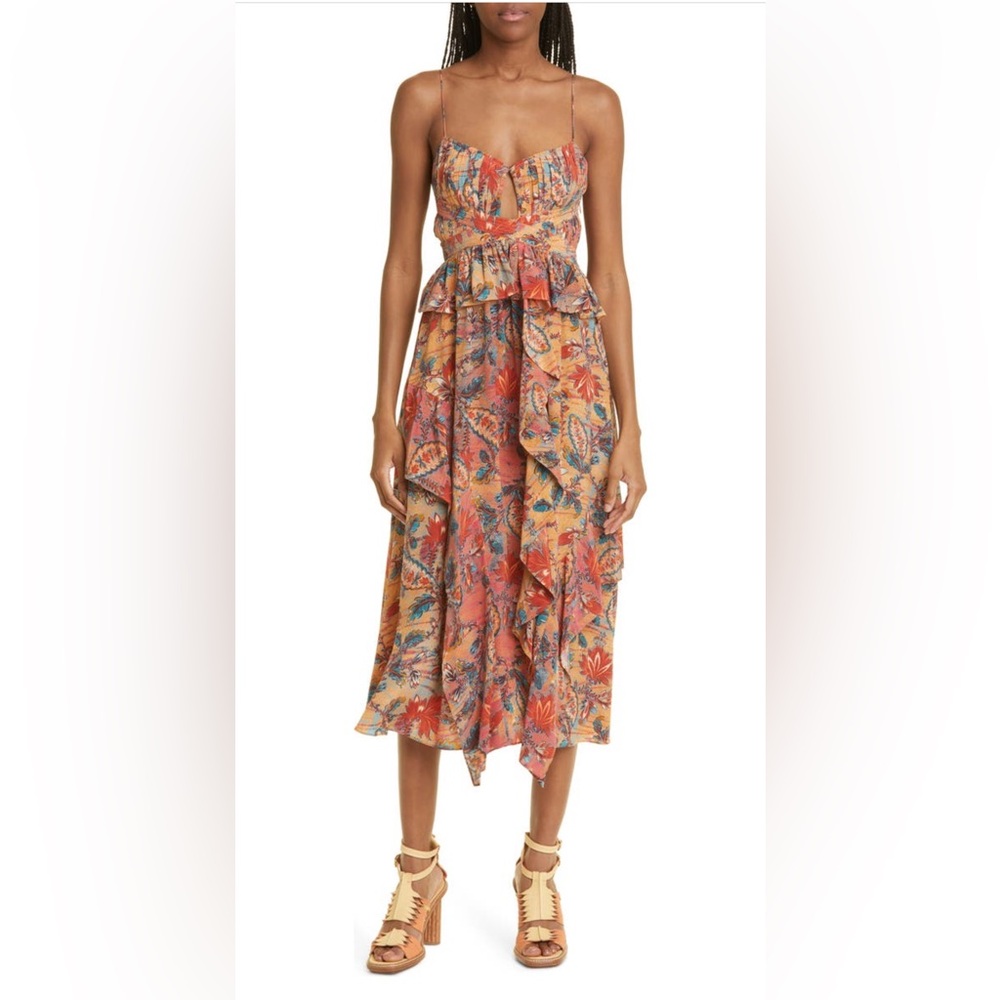 NWT $820 Ulla Johnson Renata Floral Ruffle Silk Dress in Coral Bloom , Size 8